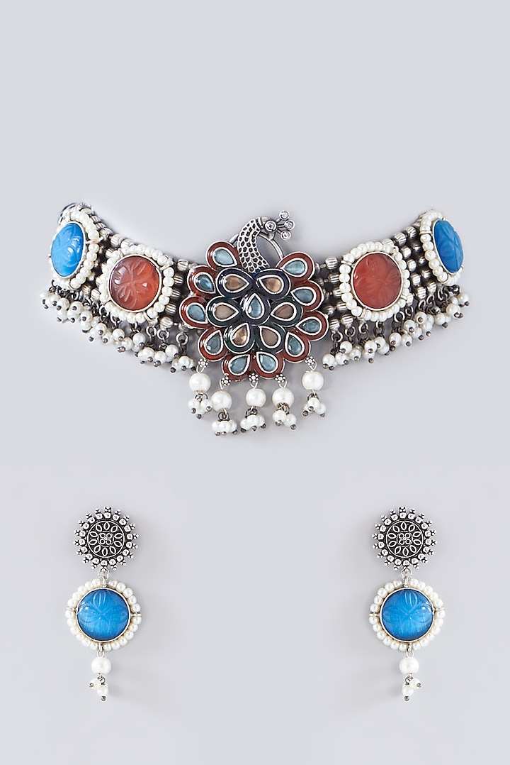 Silver Finish Multi-Colored Semi-Precious Stone & Kundan Polki Necklace Set by Velvetbox by Shweta at Pernia's Pop Up Shop