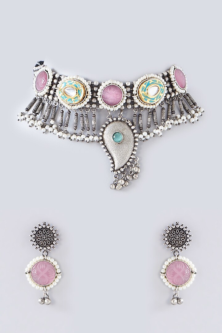 Oxidised Silver Finish Pink Kundan Polki & Mirror Necklace Set by Velvetbox by Shweta