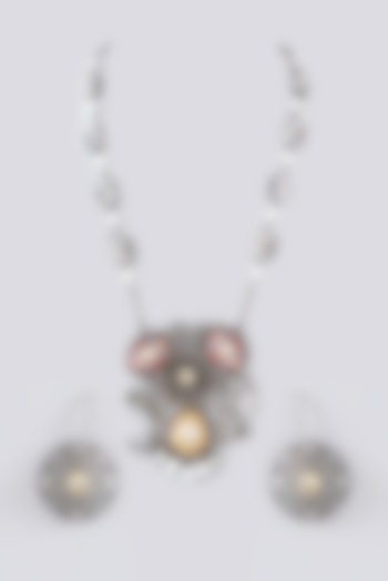 Oxidised Silver Finish Red Kundan Polki & Mirror Long Necklace Set by Velvetbox by Shweta