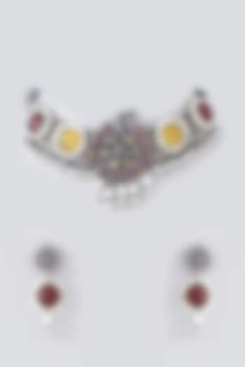 Oxidised Silver Finish Multi-Colored Semi-Precious Stone & Kundan Polki Long Necklace Set by Velvetbox by Shweta
