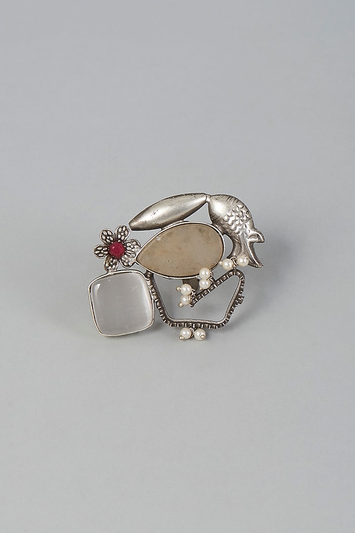 Silver Finish Ring With Semi-Precious Stones by Velvetbox by Shweta