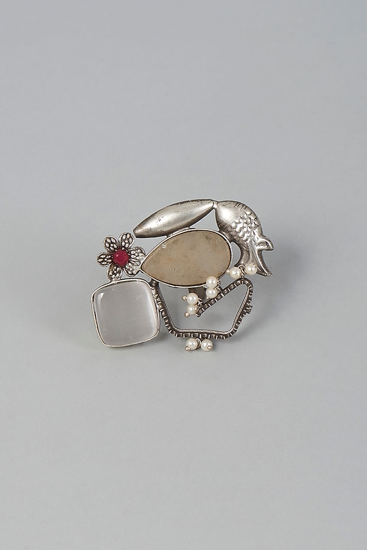 Silver Finish Ring With Semi-Precious Stones by Velvetbox by Shweta at Pernia's Pop Up Shop