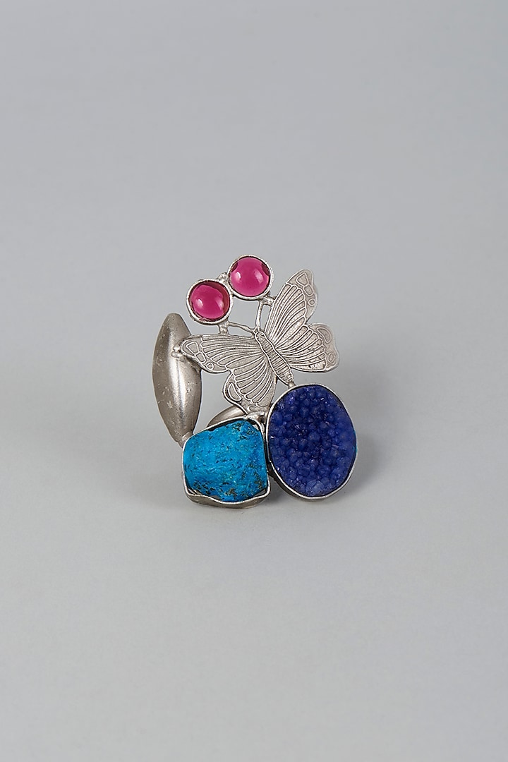 Silver Finish Adjustable Ring With Semi-Precious Stones by Velvetbox by Shweta