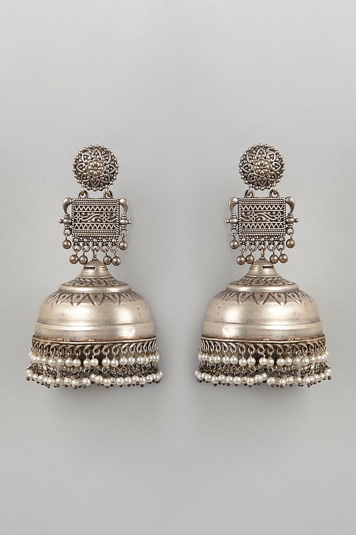 Oxidised Silver Finish Kundan jhumka Earrings by Velvetbox by Shweta at Pernia's Pop Up Shop