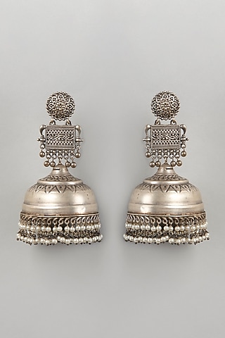 Oxidised Silver Finish Kundan jhumka Earrings by Velvetbox by Shweta