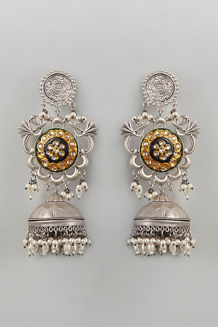 Oxidised Silver Finish jhumka Earrings With Pachi Kundan by Velvetbox by Shweta at Pernia's Pop Up Shop