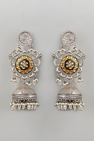 Oxidised Silver Finish jhumka Earrings With Pachi Kundan by Velvetbox by Shweta