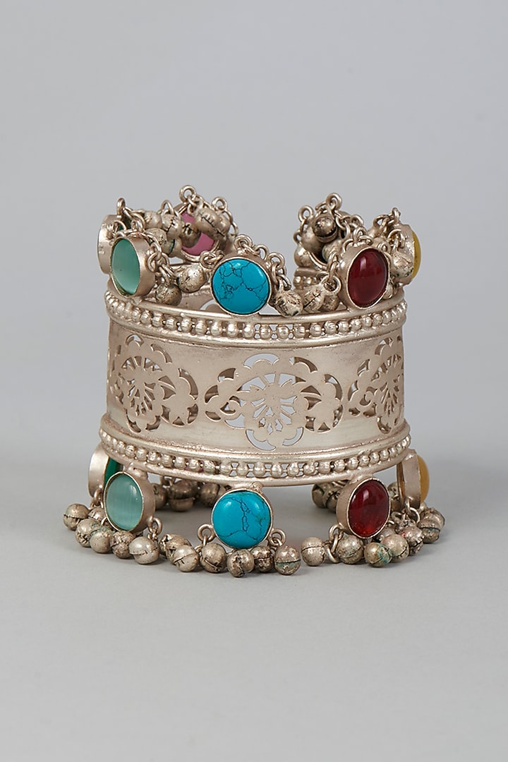 Silver Finish Bangle With Multi-Colored Stones by Velvetbox by Shweta at Pernia's Pop Up Shop