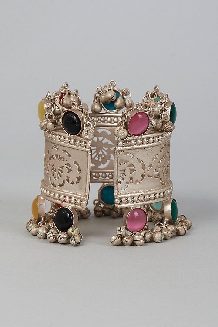 Silver Finish Bangle With Multi-Colored Stones by Velvetbox by Shweta at Pernia's Pop Up Shop