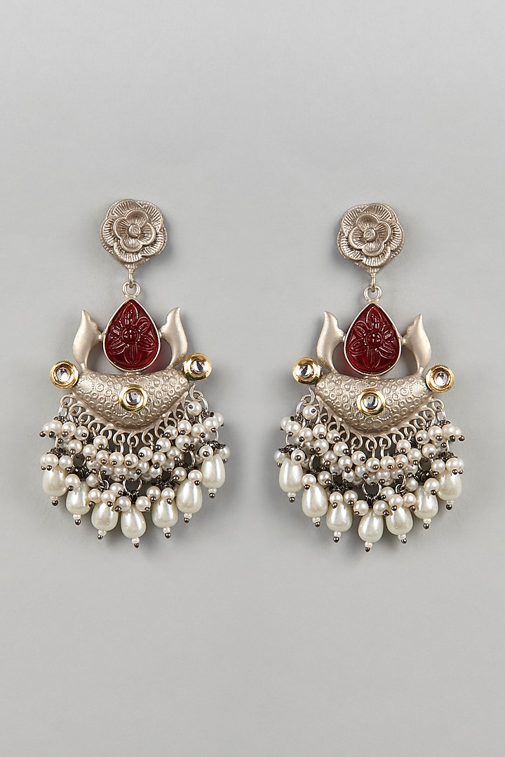 Oxidised Silver Finish Chandbali Earrings With Pearls by Velvetbox by Shweta