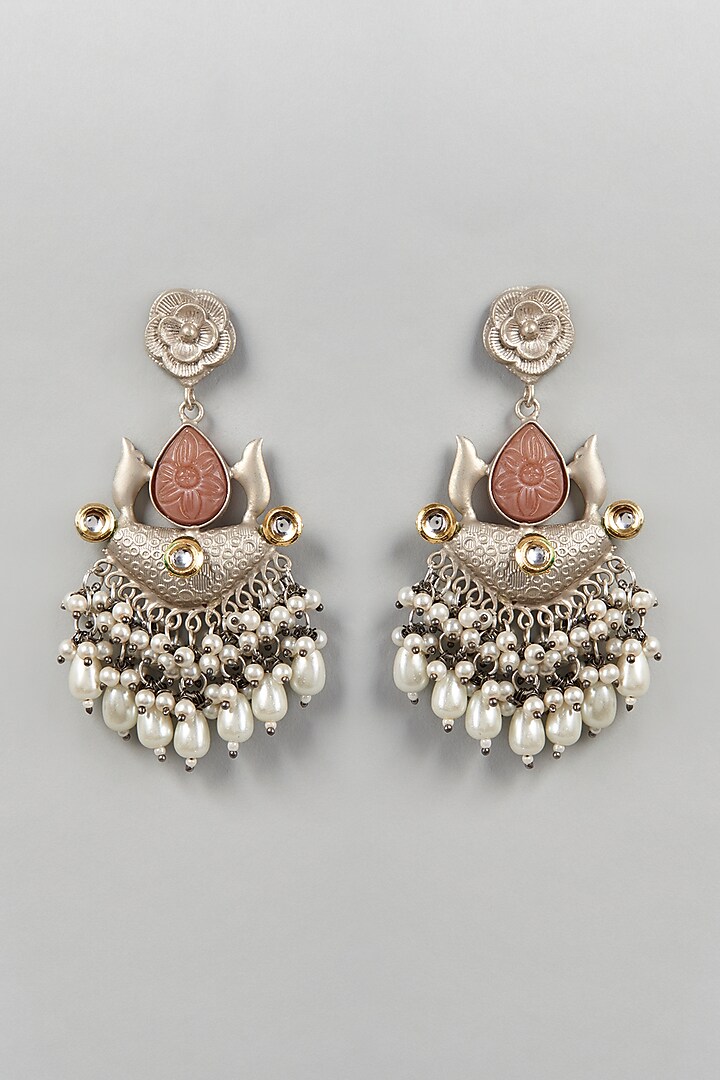 Oxidised Silver Finish Chandbali Earrings With Kundan & Pearls by Velvetbox by Shweta