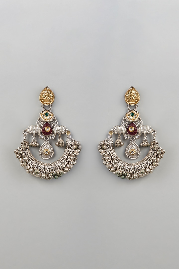 Oxidised Silver Finish Chandbali Earrings With Pachi Kundan by Velvetbox by Shweta at Pernia's Pop Up Shop