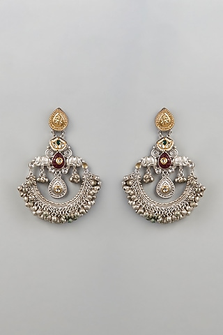 Oxidised Silver Finish Chandbali Earrings With Pachi Kundan by Velvetbox by Shweta