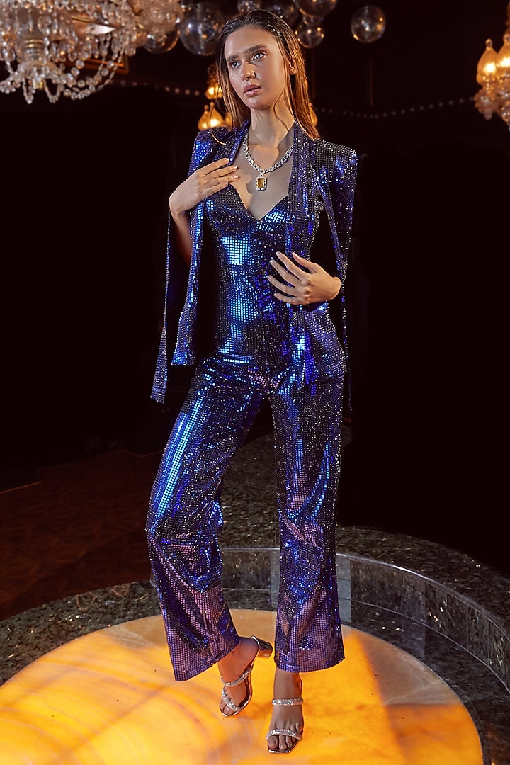 Blue Spandex Lycra Jumpsuit With Cape by Suravika. S