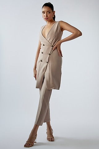 Grey Morgan Crepe & Spandex Co-Ord Set by Suravika. S