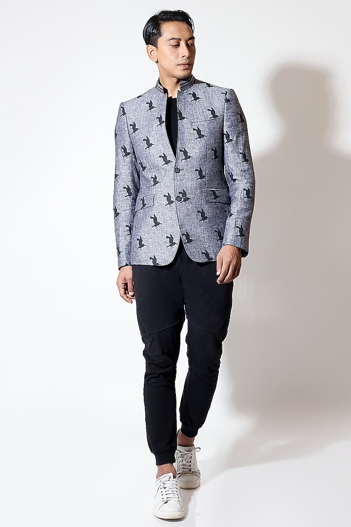 Grey Linen Printed Sports Jacket by Vivek Karunakaran at Pernia's Pop Up Shop