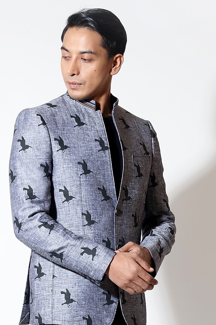 Grey Linen Printed Sports Jacket by Vivek Karunakaran at Pernia's Pop Up Shop