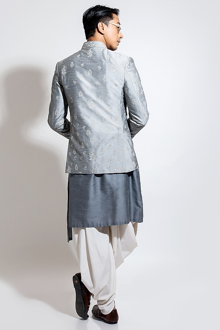 Cloud Grey Silk Motif Embroidered Wedding Bandhgala by Vivek Karunakaran at Pernia's Pop Up Shop