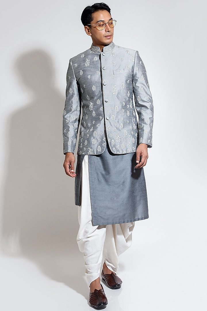 Cloud Grey Silk Motif Embroidered Wedding Bandhgala by Vivek Karunakaran at Pernia's Pop Up Shop