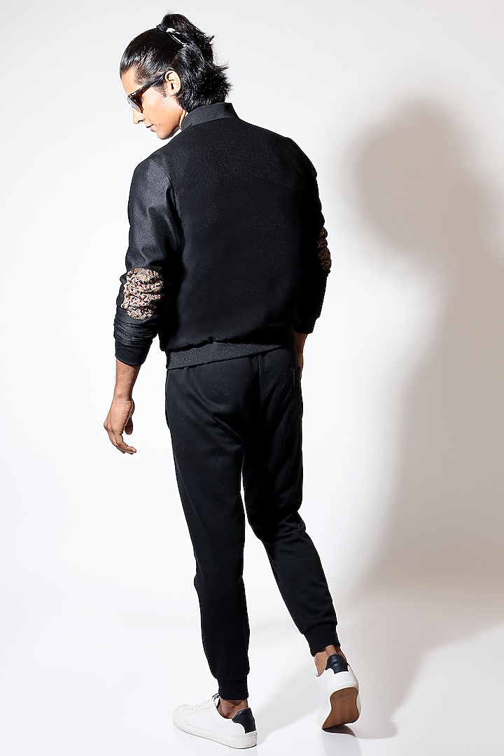Black Dobby Suiting Bomber Jacket by Vivek Karunakaran at Pernia's Pop Up Shop