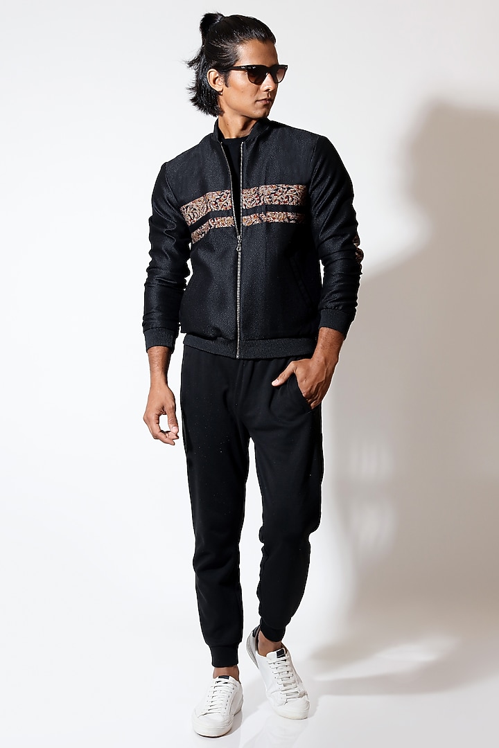 Black Dobby Suiting Bomber Jacket by Vivek Karunakaran at Pernia's Pop Up Shop