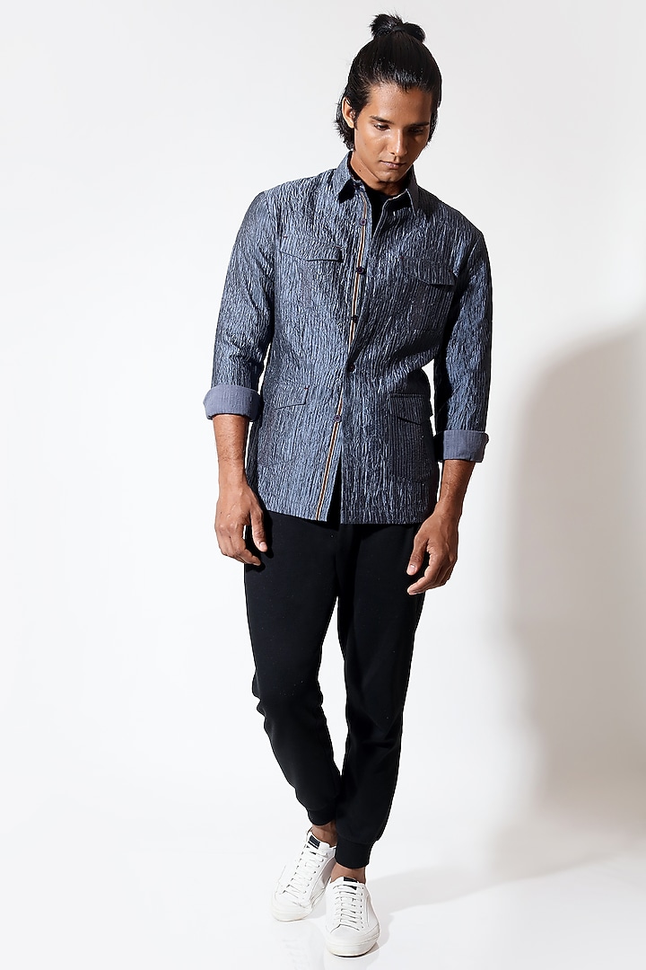 Grey Silk Shacket by Vivek Karunakaran at Pernia's Pop Up Shop