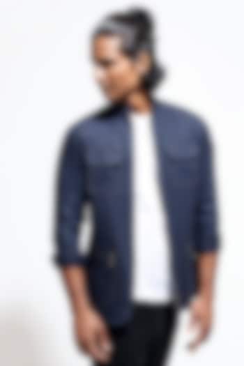 Navy Blue Linen Shacket by Vivek Karunakaran at Pernia's Pop Up Shop