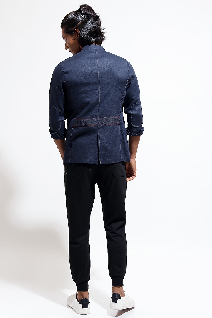 Navy Blue Linen Shacket by Vivek Karunakaran at Pernia's Pop Up Shop