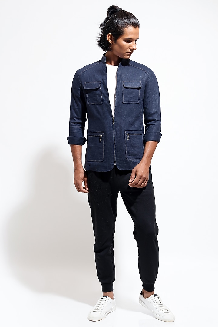 Navy Blue Linen Shacket by Vivek Karunakaran at Pernia's Pop Up Shop