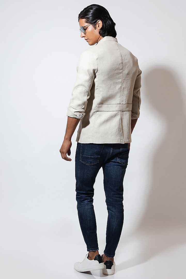 Beige Linen Shacket by Vivek Karunakaran at Pernia's Pop Up Shop