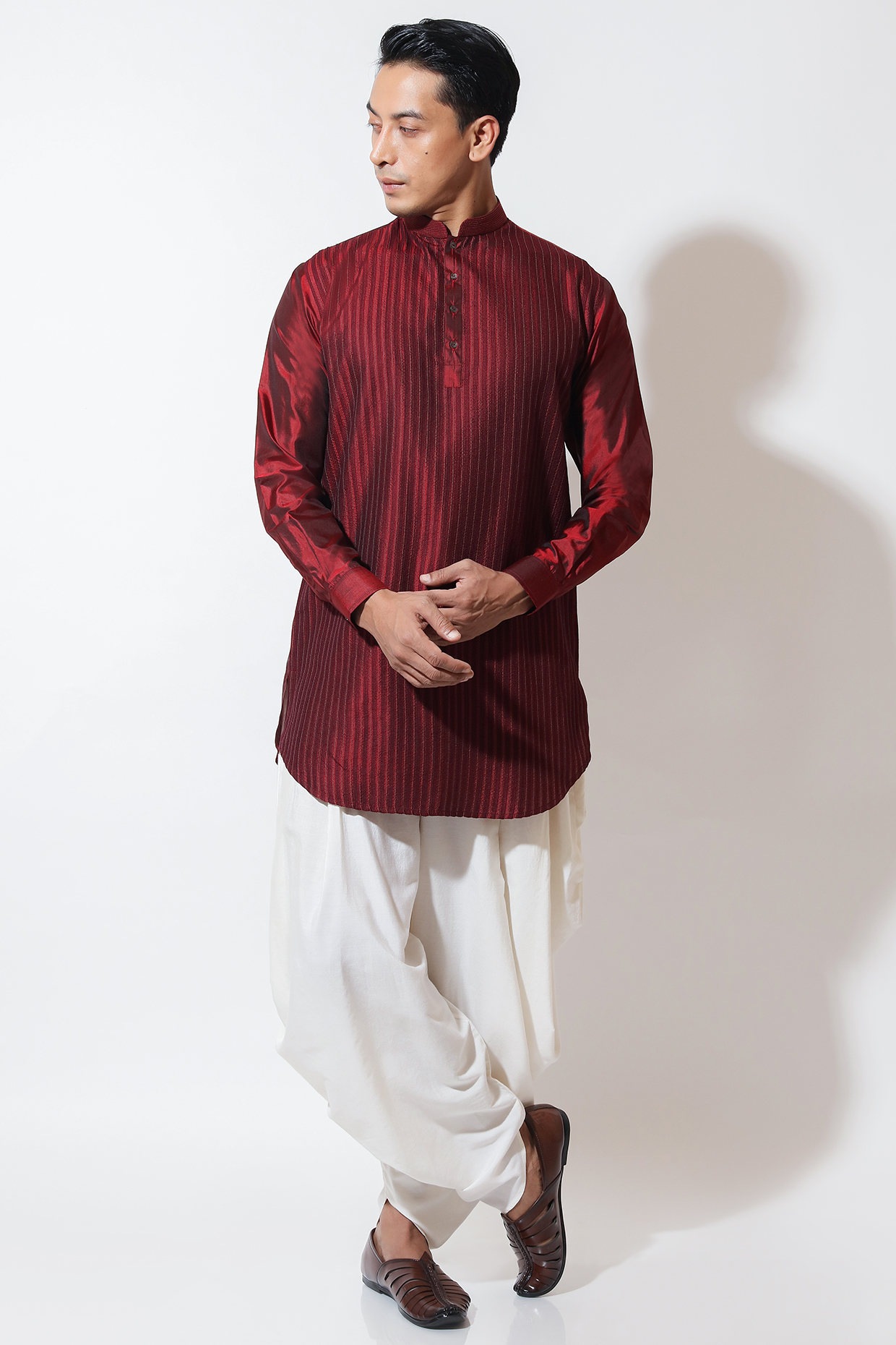 Red Silk Pathani Kurta Set by Vivek Karunakaran at Pernia's Pop Up Shop