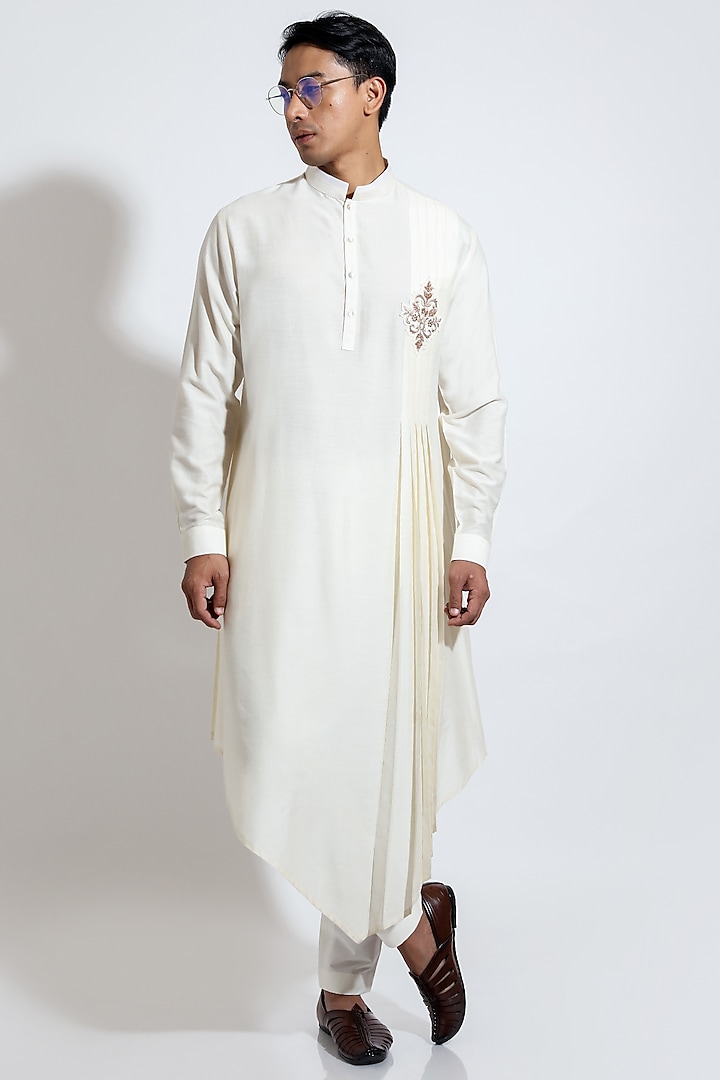 White Spun Cotton Asymmetric Kurta Set by Vivek Karunakaran
