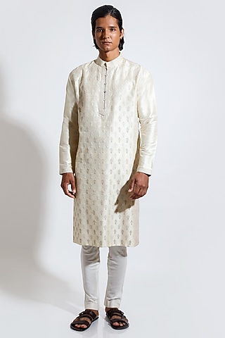 Cream Raw Silk Motif Embroidered Kurta Set by Vivek Karunakaran
