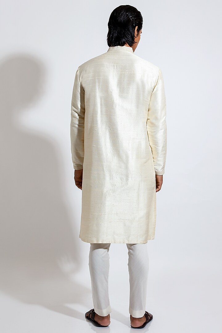 Cream Raw Silk Motif Embroidered Kurta Set by Vivek Karunakaran at Pernia's Pop Up Shop