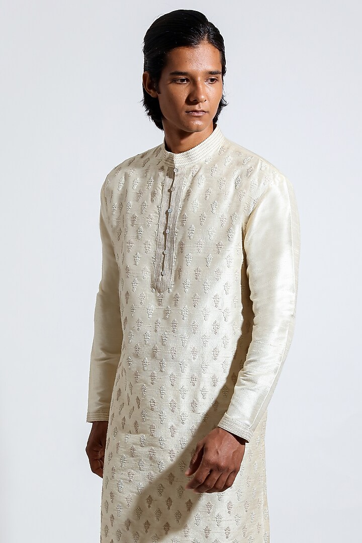 Cream Raw Silk Motif Embroidered Kurta Set by Vivek Karunakaran at Pernia's Pop Up Shop