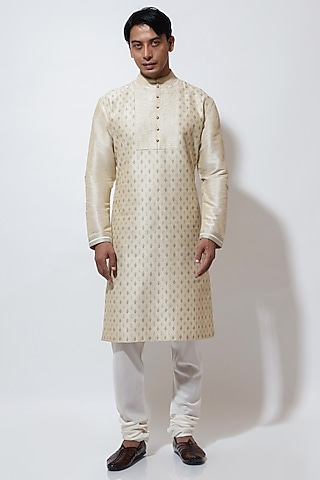 Light Beige Silk Motif Embroidered Kurta Set by Vivek Karunakaran