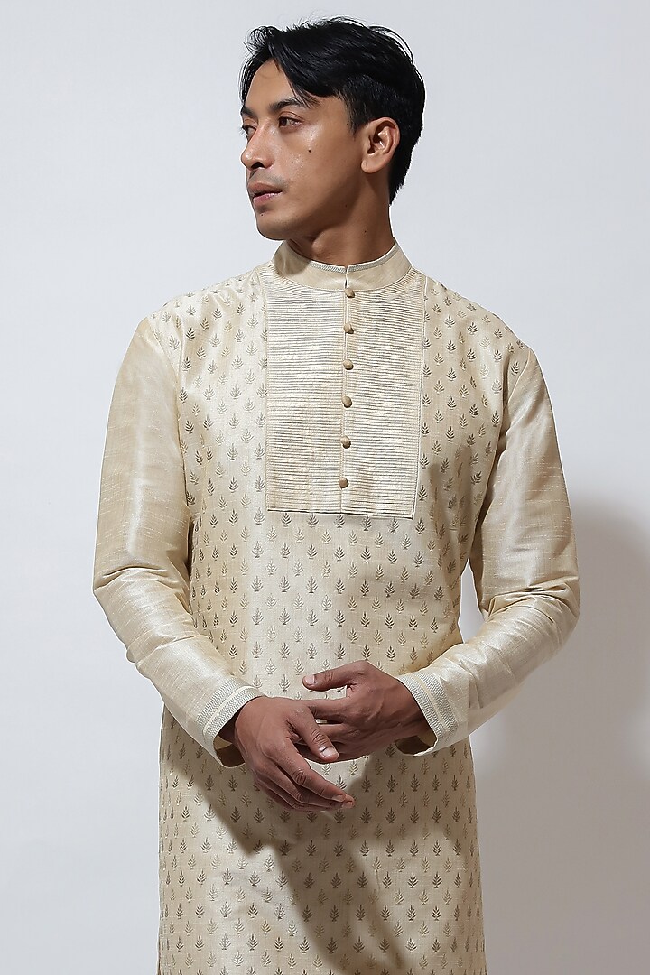 Light Beige Silk Motif Embroidered Kurta Set by Vivek Karunakaran at Pernia's Pop Up Shop