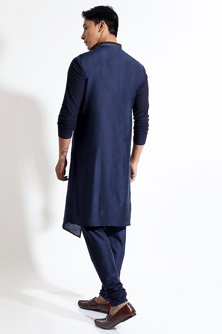Navy Blue Spun Cotton Asymmetric Zardosi Embroidered Kurta Set by Vivek Karunakaran at Pernia's Pop Up Shop