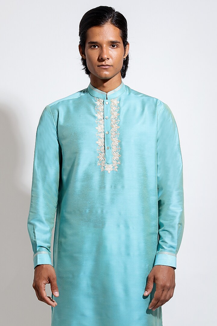 Light Blue Spun Cotton Embroidered Kurta Set by Vivek Karunakaran at Pernia's Pop Up Shop