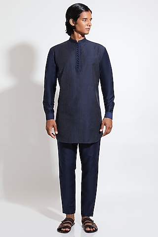 Navy Blue Spun Cotton Pathani Kurta Set by Vivek Karunakaran