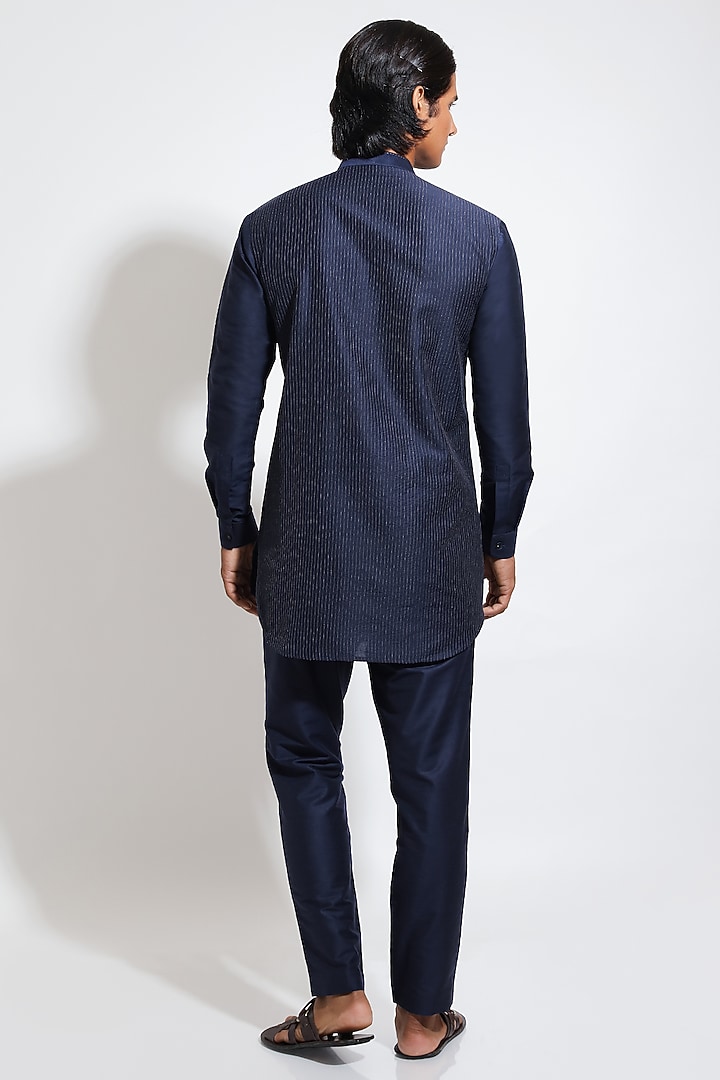 Navy Blue Spun Cotton Pathani Kurta Set by Vivek Karunakaran at Pernia's Pop Up Shop
