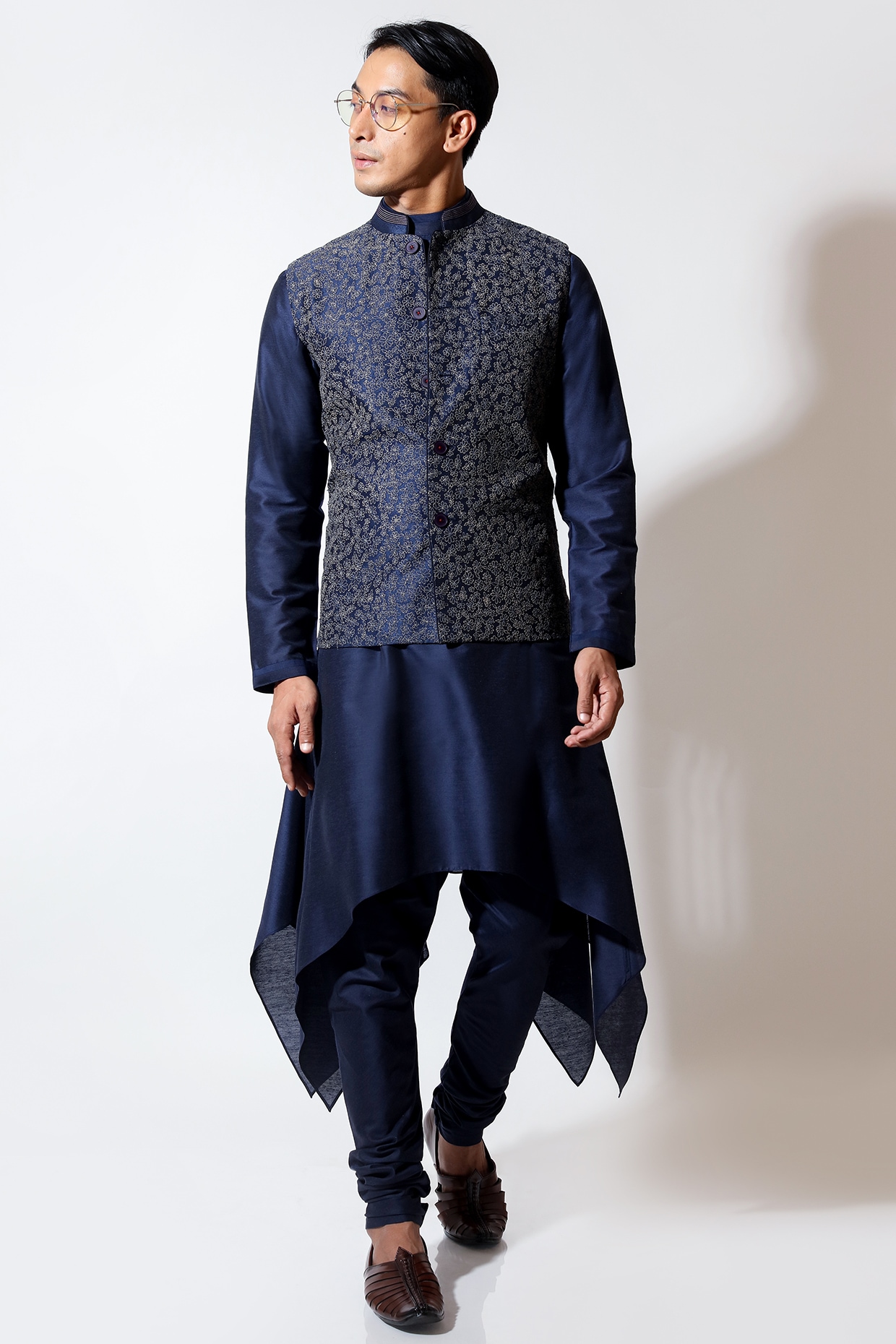 Vivek Karunakaran Navy Blue Silk Floral Embroidered Bundi Jacket Set