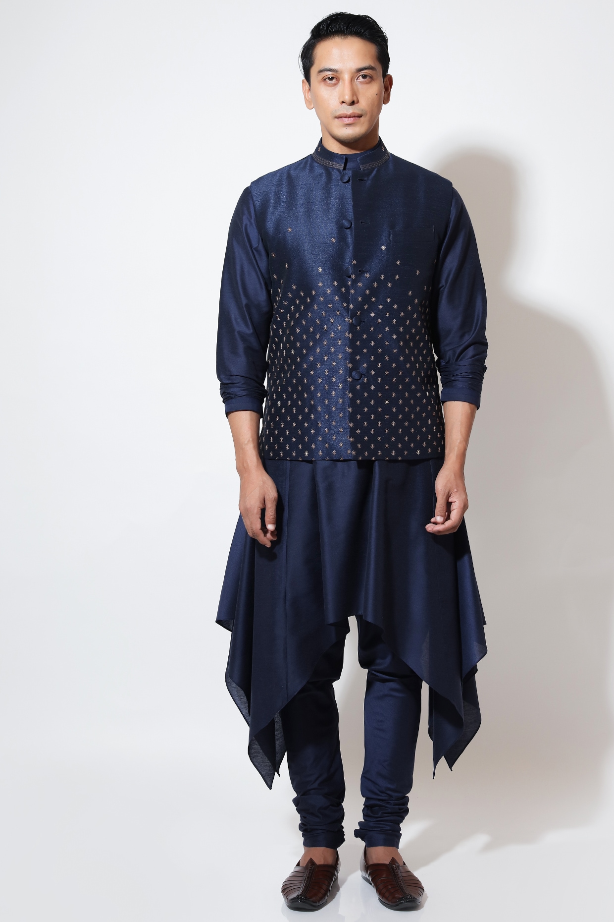 Vivek Karunakaran Navy Blue Silk Embroidered Bundi Jacket Set