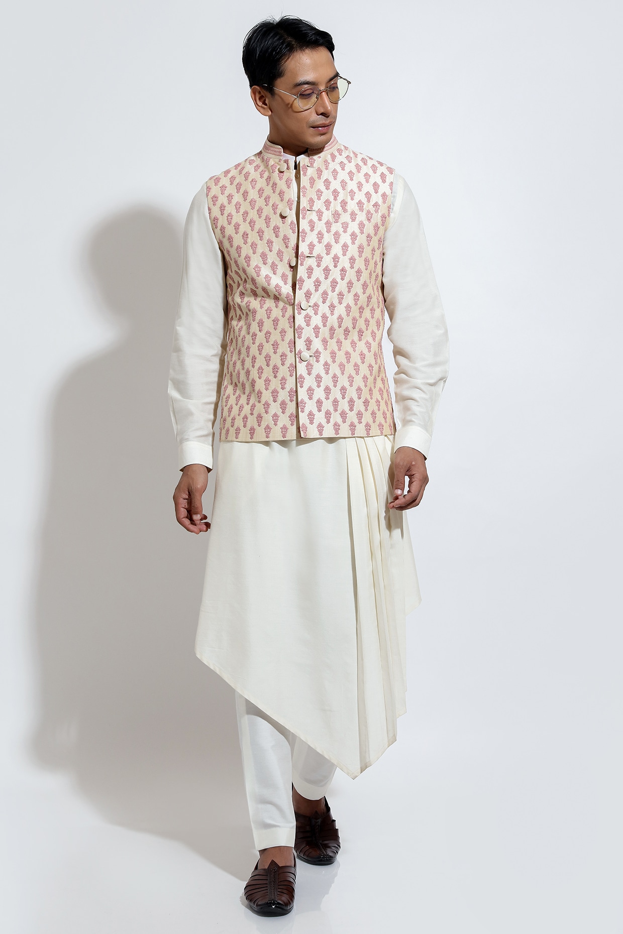 Vivek Karunakaran Light Beige Silk Motif Embroidered Bundi Jacket Set