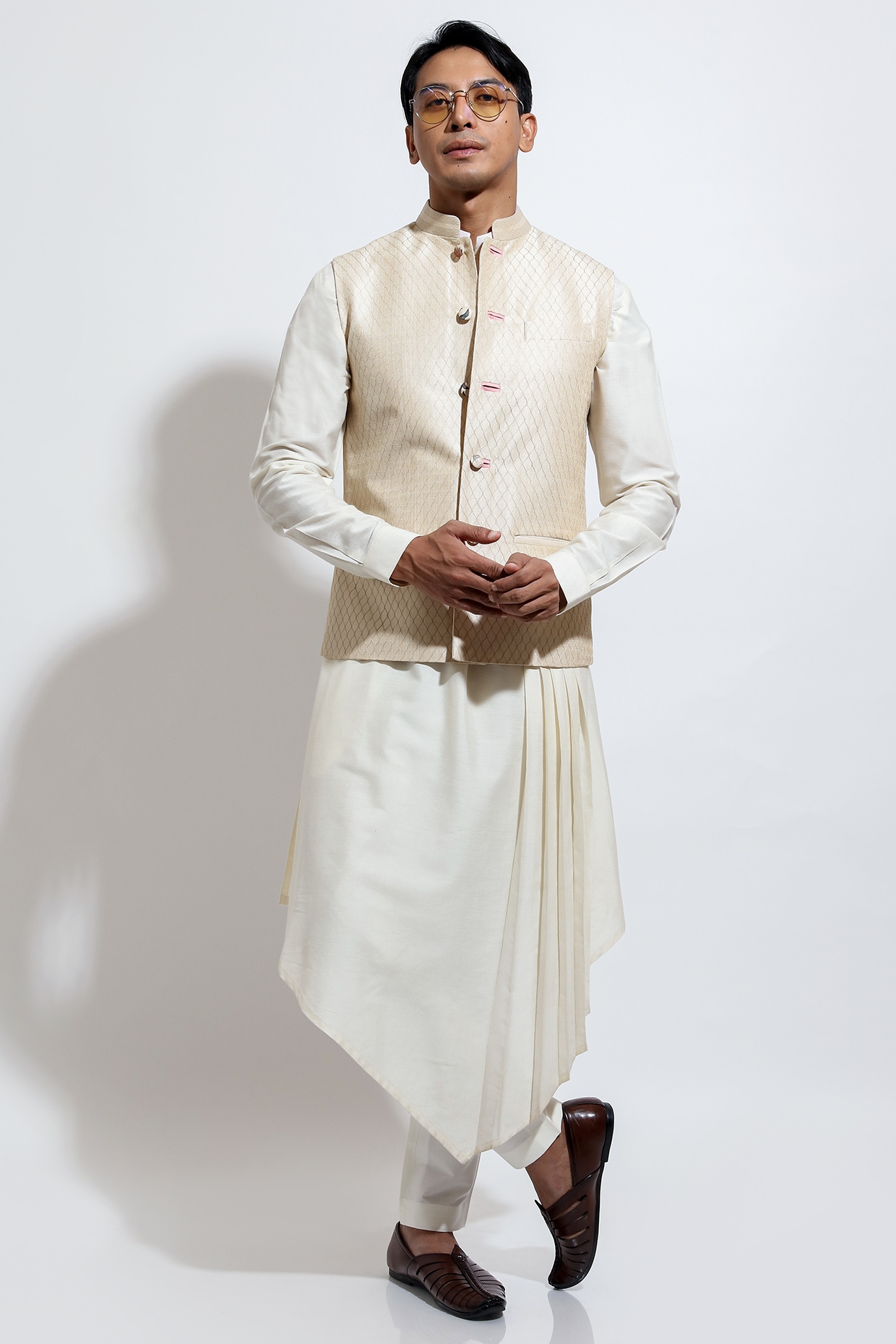 Vivek Karunakaran Beige Silk Embroidered Bundi Jacket Set
