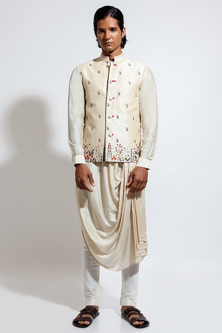 Beige Silk Floral Embroidered Bundi Jacket Set by Vivek Karunakaran