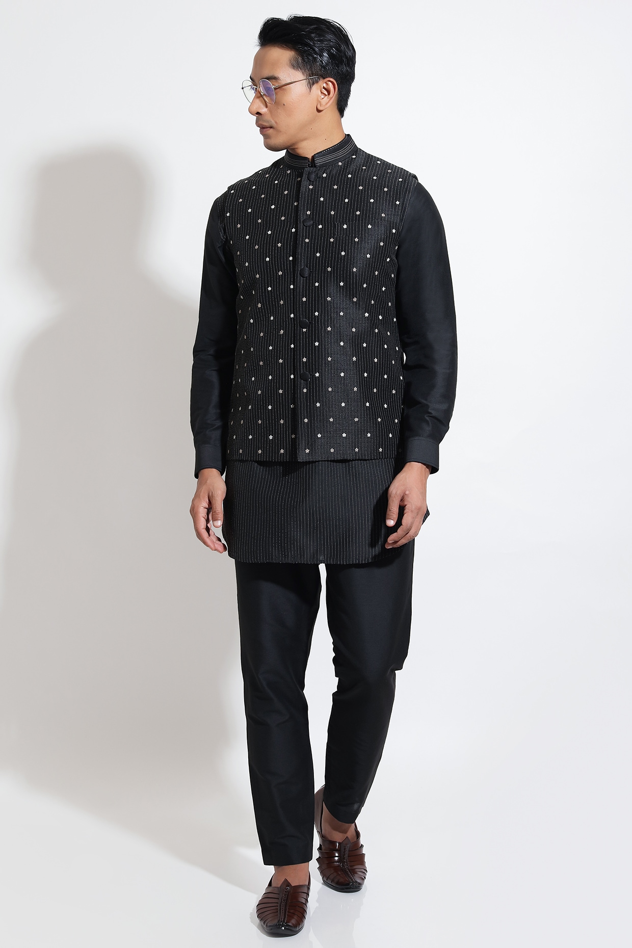 Vivek Karunakaran Black Silk Floral Embroidered Bundi Jacket Set
