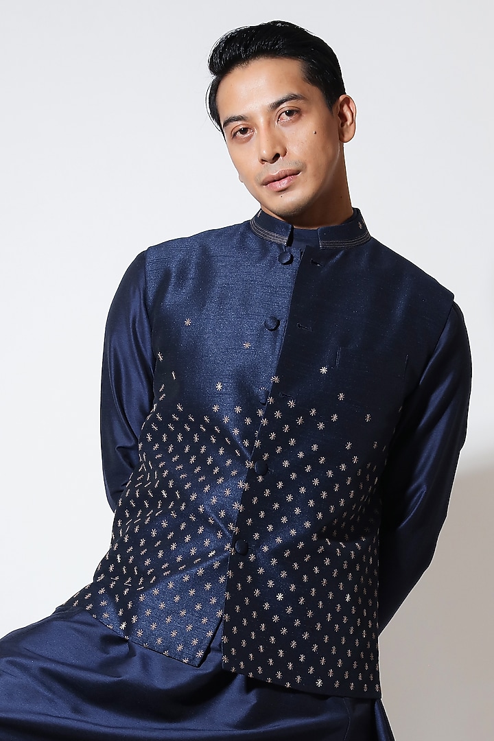 Navy Blue Silk Embroidered Bundi Jacket by Vivek Karunakaran at Pernia's Pop Up Shop