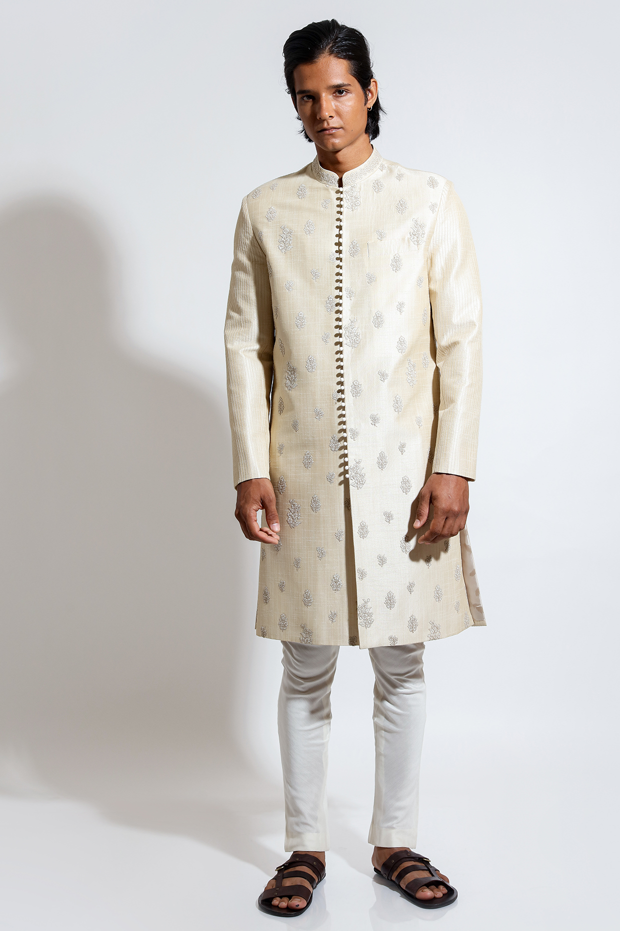 Light Beige Silk Motif Embroidered Wedding Sherwani Set by Vivek Karunakaran at Pernia's Pop Up Shop