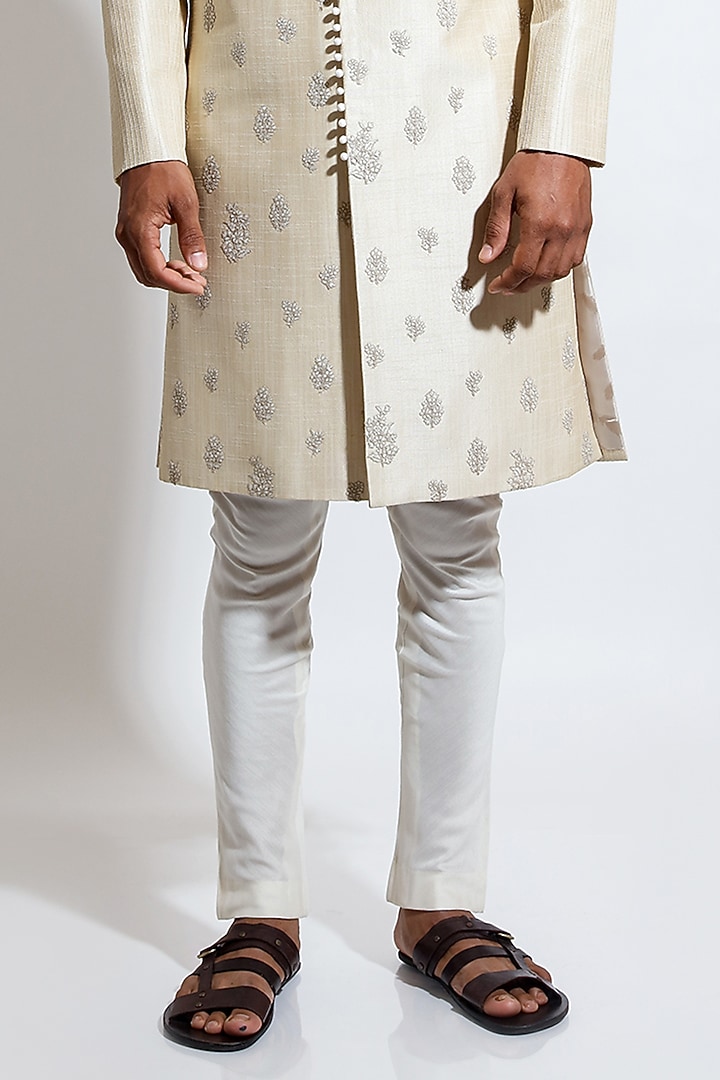 Light Beige Silk Motif Embroidered Wedding Sherwani Set by Vivek Karunakaran at Pernia's Pop Up Shop